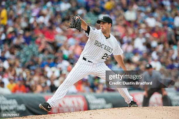 Jeff Francis of the Colorado Rockies pitches in relief against the Arizona Diamondbacks during a game at Coors Field on September 22, 2013 in Denver,...