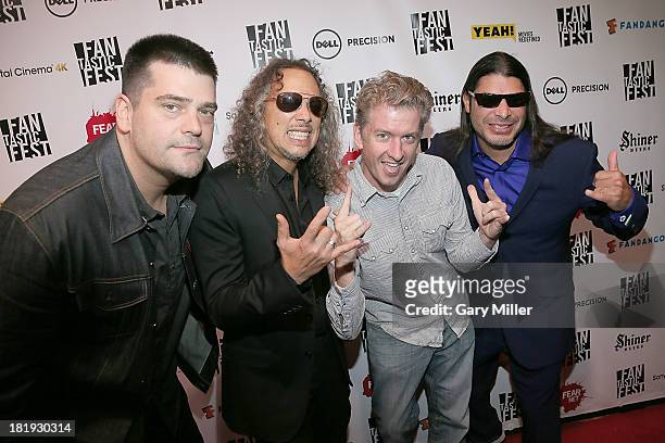 Nimrod Antal, Kirk Hammett, Tim League and Robert Trujillo on the red carpet at the screening of the film "Metallica: Through The Never" during...