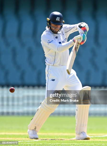 Fergus O'Neill of the Bushrangers bats during the Sheffield Shield match between South Australia and Victoria at Adelaide Oval, on November 29 in...