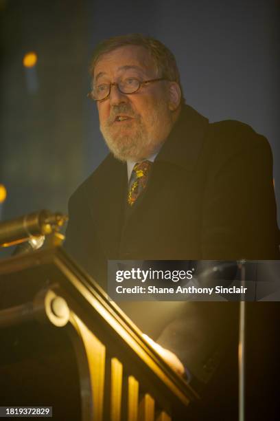 Stephen Fry speaks during The Fayre of St. James's in support of The Quintessentially Foundation & The Firefly Project at St James's Church on...