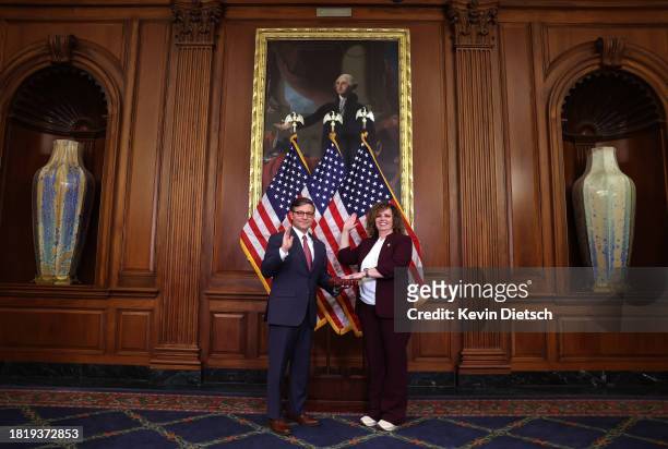Speaker of the House Mike Johnson ceremonially swears-in Rep. Celeste Maloy at the U.S. Capitol on November 28, 2023 in Washington, DC. Maloy, who...