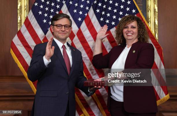 Speaker of the House Mike Johnson ceremonially swears-in Rep. Celeste Maloy at the U.S. Capitol on November 28, 2023 in Washington, DC. Maloy, who...
