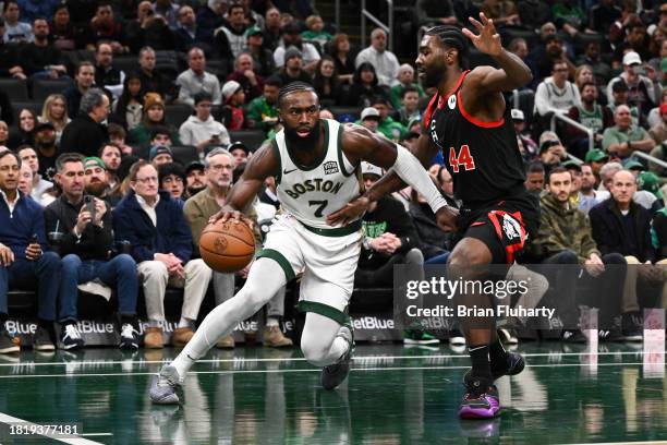 Jaylen Brown of the Boston Celtics drives to the basket against Patrick Williams of the Chicago Bulls during the first quarter of an NBA In-Season...