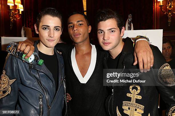 Harry Brant, Olivier Rousteing and Peter Brant Jr attend the Balmain show as part of the Paris Fashion Week Womenswear Spring/Summer 2014 on...