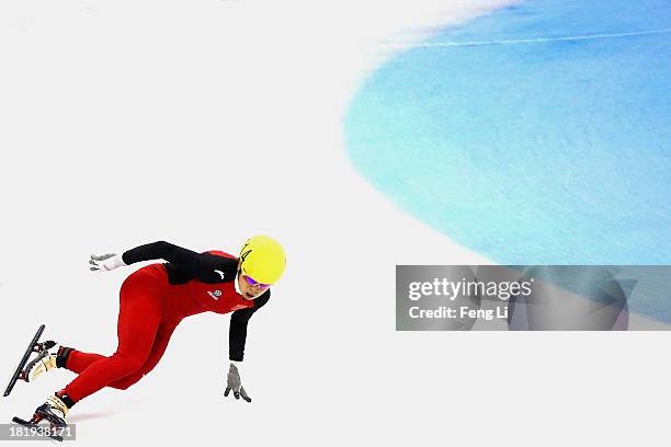 Wang Meng of China competes in the Women's 500m Pre-Preliminaries during day one of the 2013/14 Samsung ISU World Cup Short Track at the Oriental...