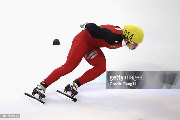 Wang Meng of China competes in the Women's 500m Pre-Preliminaries during day one of the 2013/14 Samsung ISU World Cup Short Track at the Oriental...