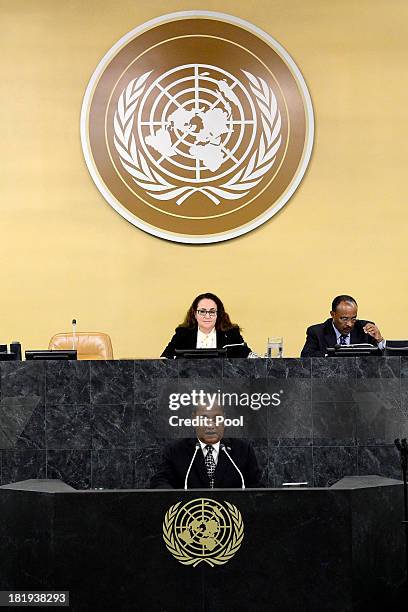 Marshallese President Christopher Loeak addresses the 68th United Nations General Assembly at U.N. Headquarters on September 26, 2013 in New York...