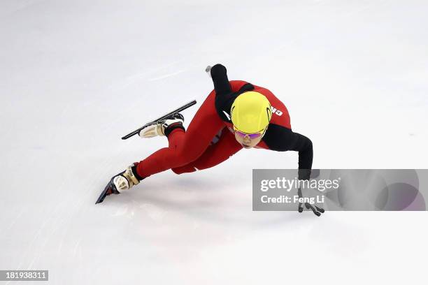 Four-time Olympic Champion Wang Meng of China competes in the Women's 500m Preliminaries during day one of the 2013/14 Samsung ISU World Cup Short...