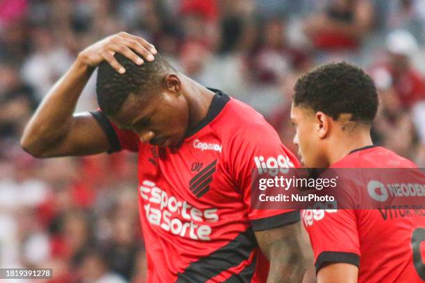 Athletico PR player Caca is regretting a missed opportunity during the match against Santos in the Brazilian League Serie A 2023 Round 37 at Arena da...