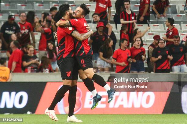 Athletico PR player Willian Bigode is celebrating his goal during the match against Santos for the Brazilian League Serie A 2023 Round 37 at Arena da...