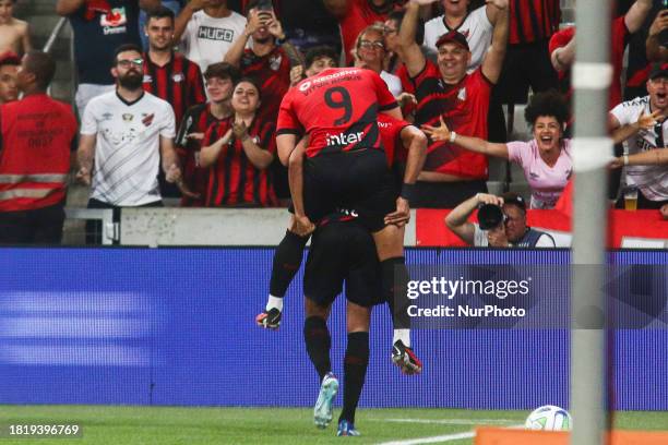 Athletico PR player Madson is celebrating his goal during the match against Santos for the Brazilian League Serie A 2023 Round 37 at Arena da Baixada...