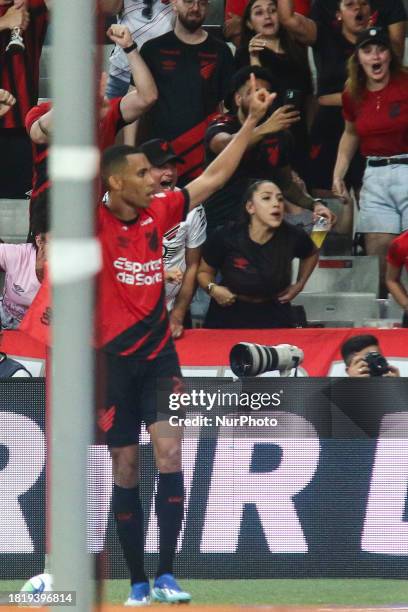 Athletico PR player Madson is celebrating his goal during the match against Santos for the Brazilian League Serie A 2023 Round 37 at Arena da Baixada...