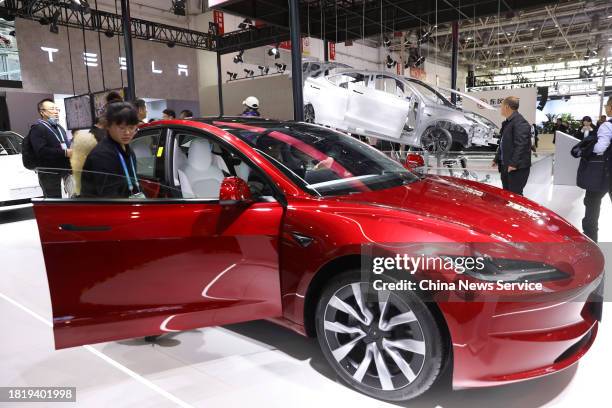 Tesla Model 3 facelift is on display during the first China International Supply Chain Expo at China International Exhibition Center on November 28,...