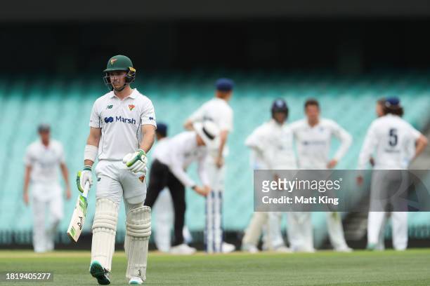 Tim Ward of the Tigers walks from the field after being dismissed during the Sheffield Shield match between New South Wales and Tasmania at SCG, on...