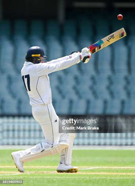 Fergus O'Neill of the Bushrangers bats during the Sheffield Shield match between South Australia and Victoria at Adelaide Oval, on November 29 in...