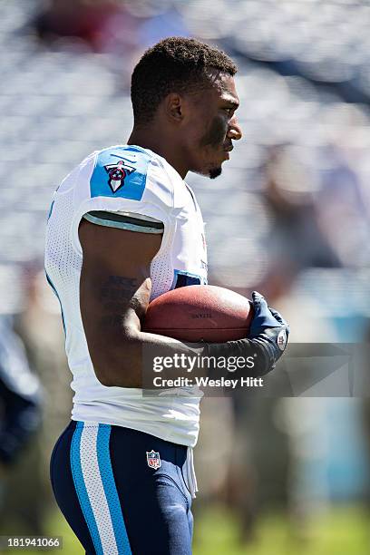 Tommie Campbell of the Tennessee Titans warms up before a game against the San Diego Chargers at LP Field on September 22, 2013 in Nashville,...