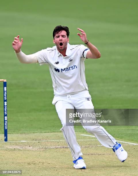 Jhye Richardson of Western Australia reacts during day two of the Sheffield Shield match between Queensland and Western Australia at The Gabba, on...