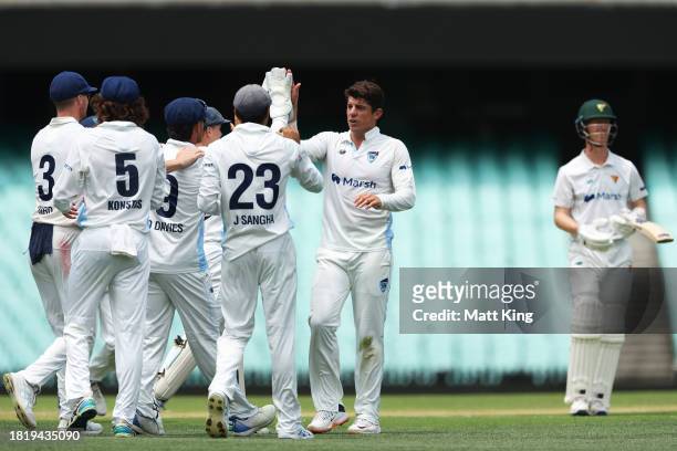Moises Henriques of New South Wales celebrates with team mates after taking the wicket of Jordan Silk of the Tigers during the Sheffield Shield match...