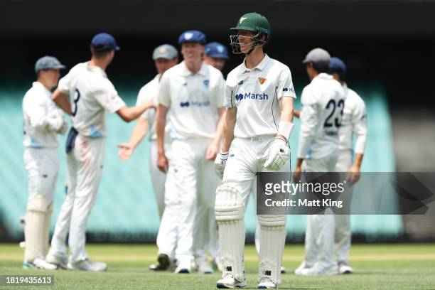 Jordan Silk of the Tigers walks from the field after being dismissed during the Sheffield Shield match between New South Wales and Tasmania at SCG,...