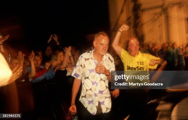 Armand Van Heldon and Fatboy Slim perform in a boxing ring at the Heavyweight DJ Battle, Brixton Academy, London, 1999.