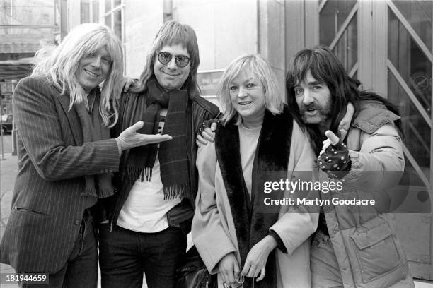 Spinal Tap pose with BBC DJ Annie Nightingale, Broadcasting House, London, 1992.