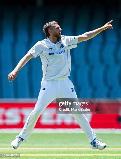 Fergus O'Neill of the Bushrangers appeals during the Sheffield Shield match between South Australia and Victoria at Adelaide Oval, on November 29 in...
