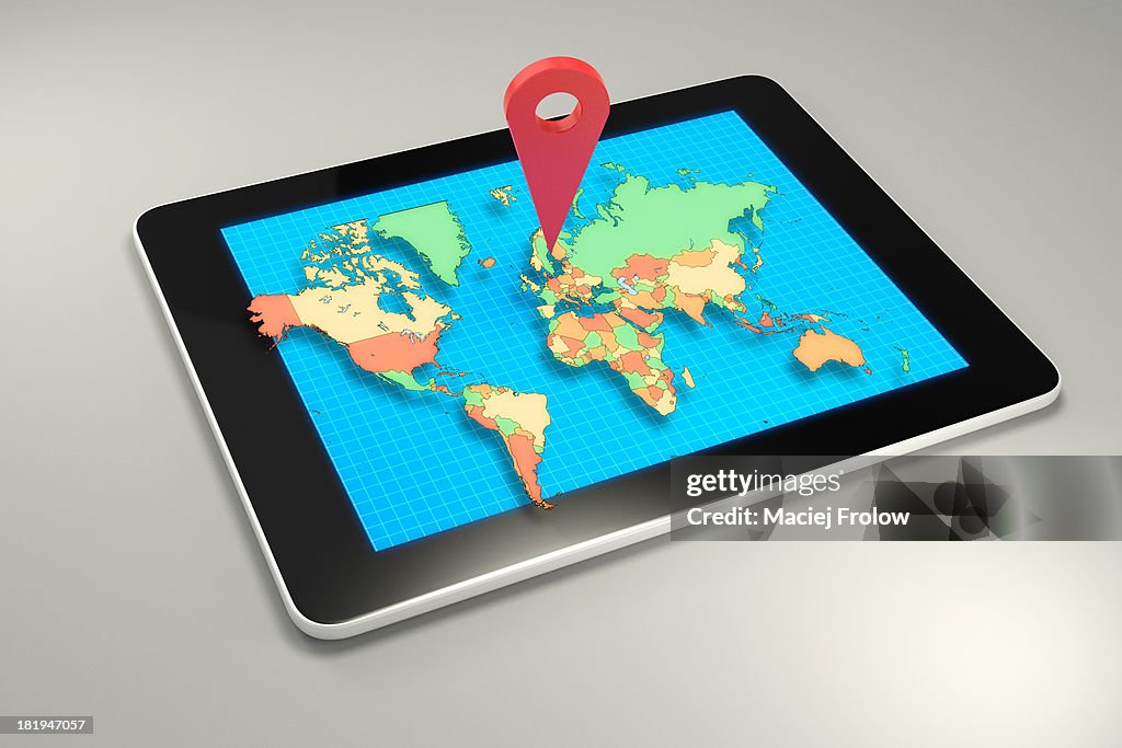 GPS marker on worldmap displayed on a tablet