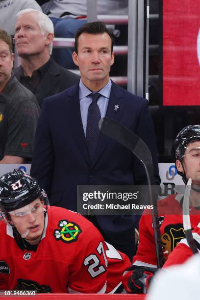 Head coach Luke Richardson of the Chicago Blackhawks looks on against the Seattle Kraken during the first period at the United Center on November 28,...