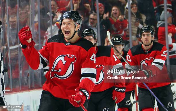 Curtis Lazar of the New Jersey Devils celebrates his game winning goal at 19:37 of the third period against Ilya Sorokin of the New York Islanders at...