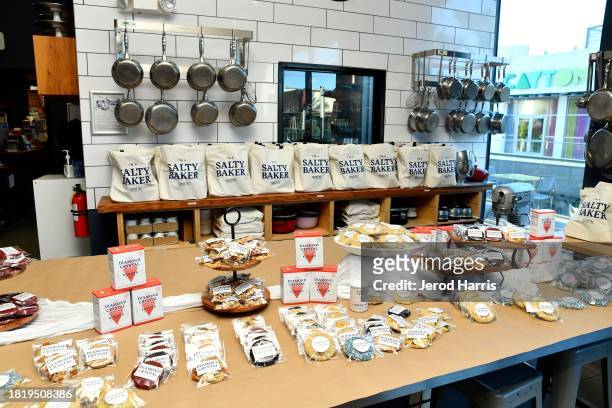 Displays and signage are seen during The Salty Swap with Tiffani Thiessen at The Gourmandise School on November 28, 2023 in Santa Monica, California.
