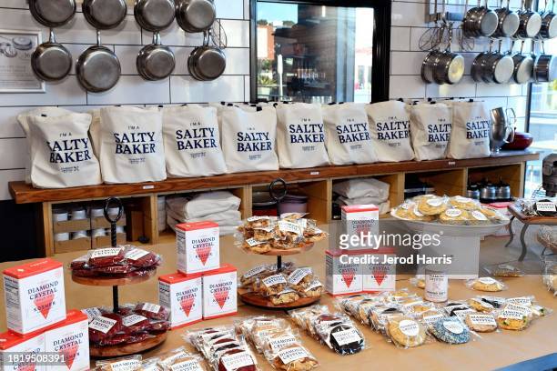 Displays and signage are seen during The Salty Swap with Tiffani Thiessen at The Gourmandise School on November 28, 2023 in Santa Monica, California.