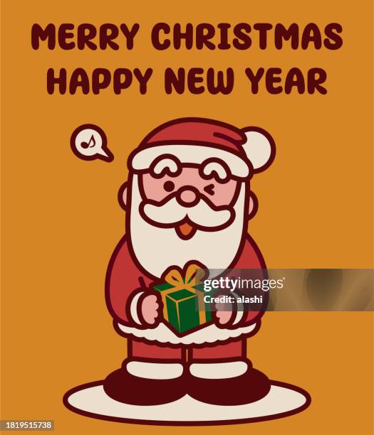 adorable santa claus holding a christmas present wishes you a merry christmas and a happy new year - tache sang stock illustrations