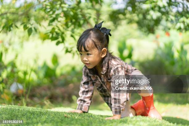 positive emotion asian baby girl enjoy playing outdoor at rustic farm with green background - thailand us farm trade health stock pictures, royalty-free photos & images