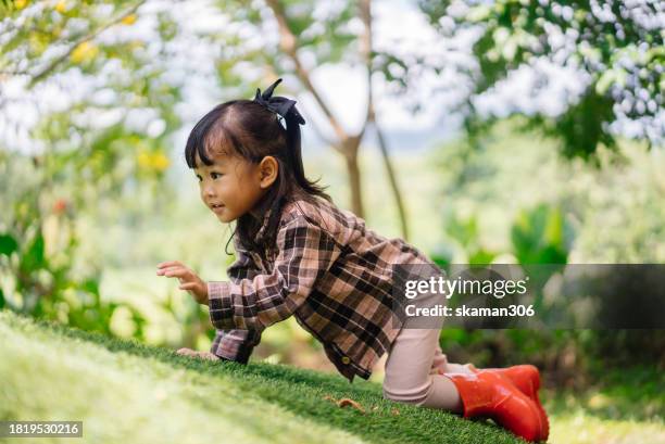 positive emotion asian baby girl enjoy playing outdoor at rustic farm with green background - thailand us farm trade health stock pictures, royalty-free photos & images