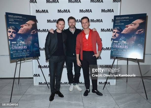Jamie Bell, Director Andrew Haigh and Andrew Scott attend "All Of Us Strangers" MoMA The Contenders 2023 Screening at Museum of Modern Art on...