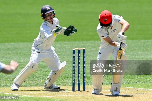 Sam Harper of the Bushrangers catches an edge off Nathan McSweeney of the Redbacks off Fergus O'Neill of the Bushrangers but given not out during the...