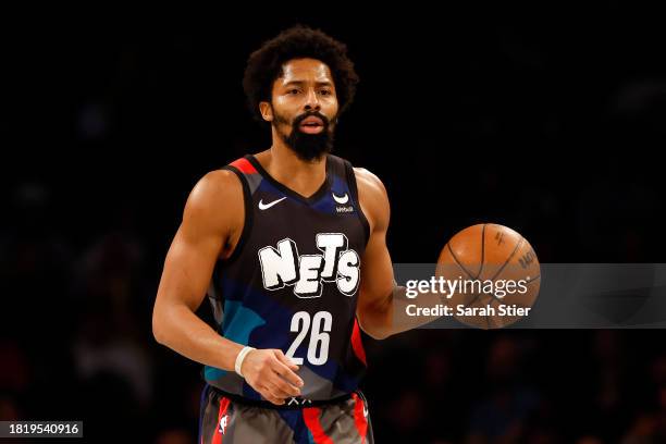 Spencer Dinwiddie of the Brooklyn Nets dribbles during the second half of an NBA In-Season Tournament game against the Toronto Raptors at Barclays...