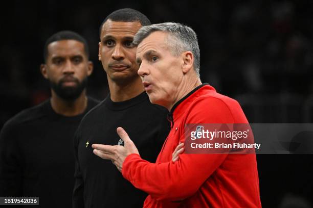 Billy Donovan of the Chicago Bulls talks with Joe Mazzulla of the Boston Celtics during the fourth quarter of an NBA In-Season Tournament game at the...