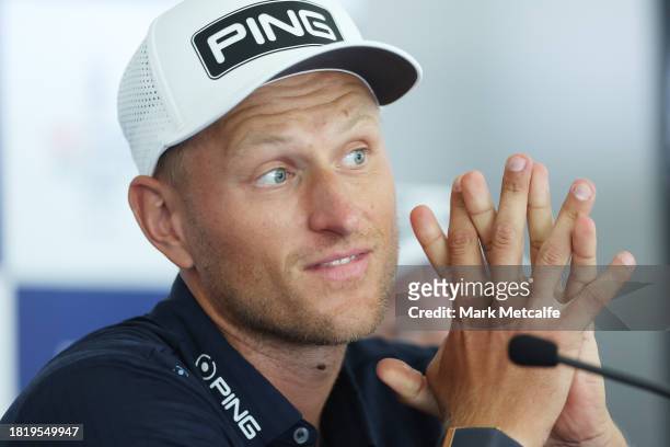 Adrian Meronk speaks to media during a press conference ahead of the ISPS HANDA Australian Open at The Australian Golf Course on November 29, 2023 in...