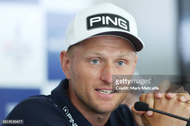 Adrian Meronk speaks to media during a press conference ahead of the ISPS HANDA Australian Open at The Australian Golf Course on November 29, 2023 in...