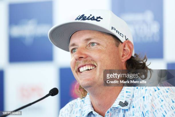 Cameron Smith speaks to media during a press conference ahead of the ISPS HANDA Australian Open at The Australian Golf Course on November 29, 2023 in...