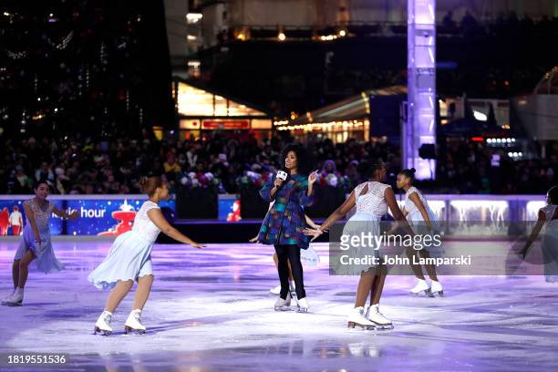Alicia Palmaran and the Harlem Figure Skaters perform during the 2023 Bryant Park tree lighting ceremony on November 28, 2023 in New York City.
