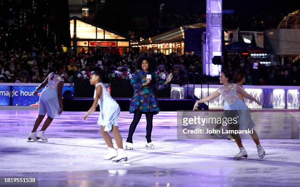 Alicia Palmaran and the Harlem Figure Skaters perform during the 2023 Bryant Park tree lighting ceremony on November 28, 2023 in New York City.