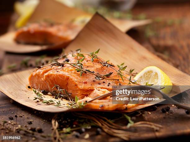 cedar wrapped salmon - cooked salmon stock pictures, royalty-free photos & images