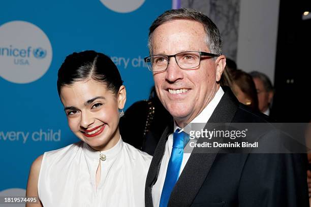Aria Mia Loberti and Michael J. Nyenhuis attend the 2023 UNICEF Gala at Cipriani Wall Street on November 28, 2023 in New York City.