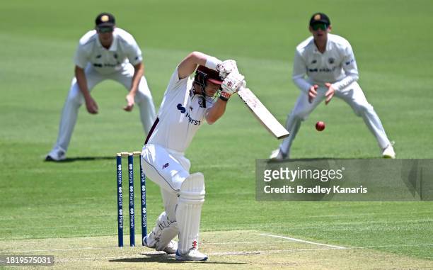 Jack Clayton of Queensland batsduring day two of the Sheffield Shield match between Queensland and Western Australia at The Gabba, on November 29 in...