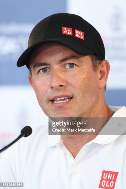 Adam Scott speaks to media during a press conference ahead of the ISPS HANDA Australian Open at The Australian Golf Course on November 29, 2023 in...