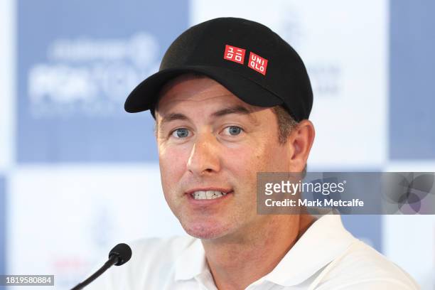 Adam Scott speaks to media during a press conference ahead of the ISPS HANDA Australian Open at The Australian Golf Course on November 29, 2023 in...
