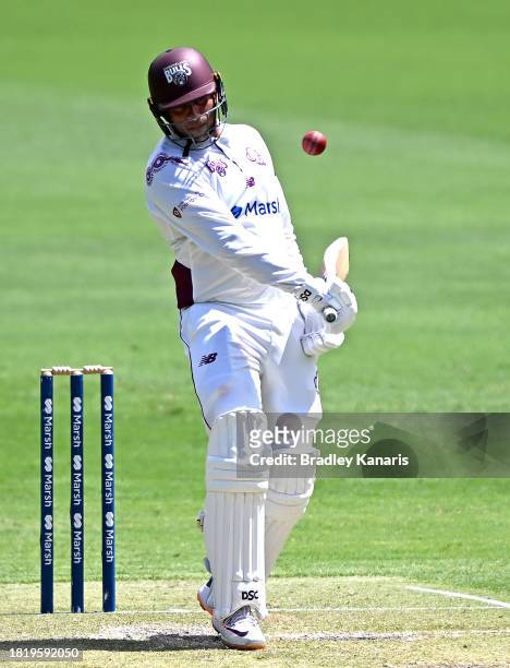 Usman Khawaja of Queensland bats during day two of the Sheffield Shield match between Queensland and Western Australia at The Gabba, on November 29...