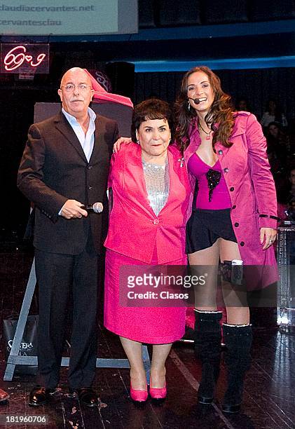 Carmen Salinas, Andres Bustamante and Claudia Cervantes pose for a photo during the unveiling of a plaque for the 200 performances of Single But Not...